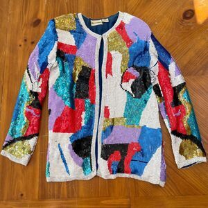 Vintage 80s Abstract Sequin Beaded Silk Jacket 8/10 Shoulder Pads